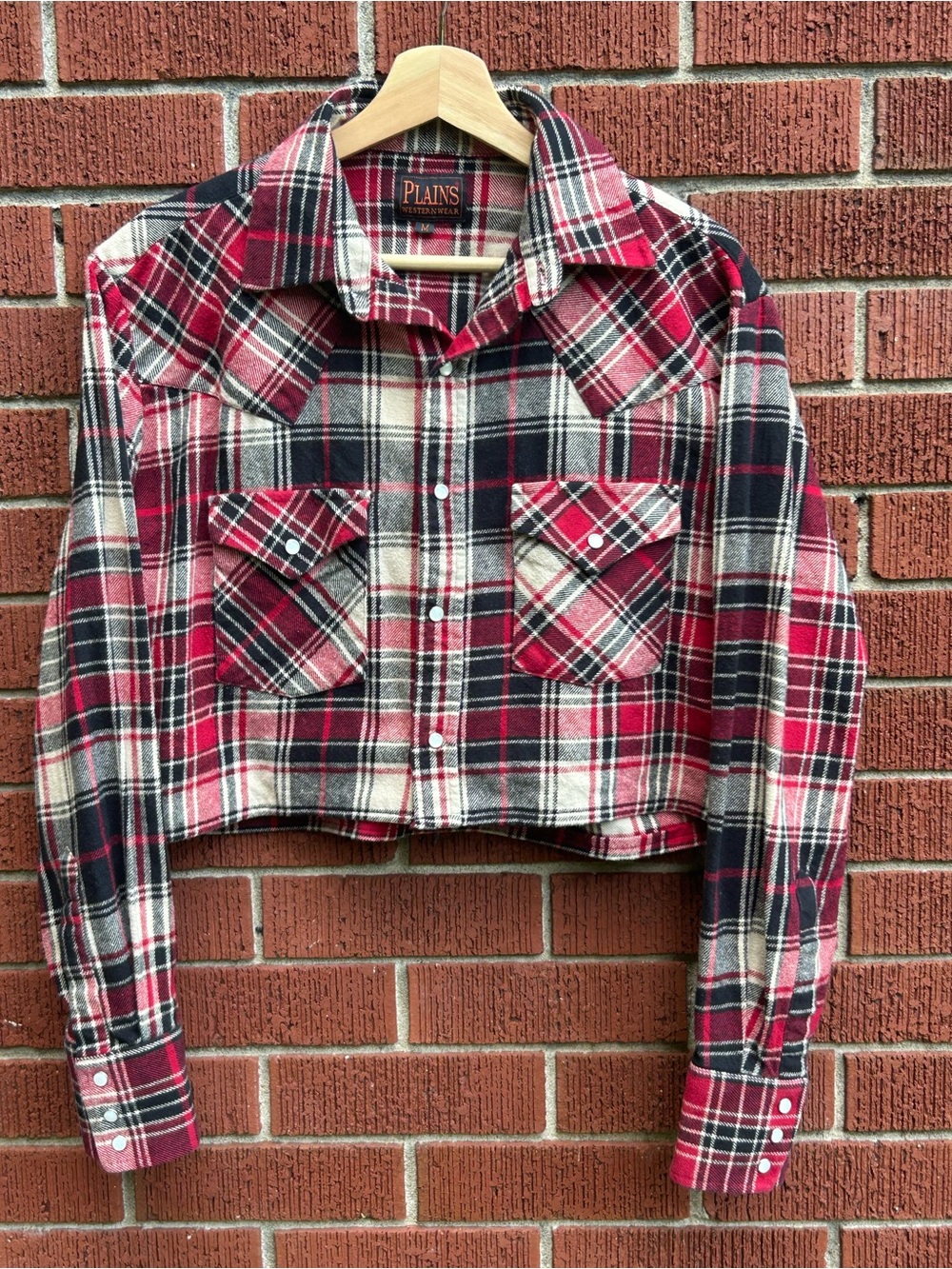 Cropped Western Pearl Snap Flannel Plaid Rodeo Cowgirl Shirt Women’s Medium